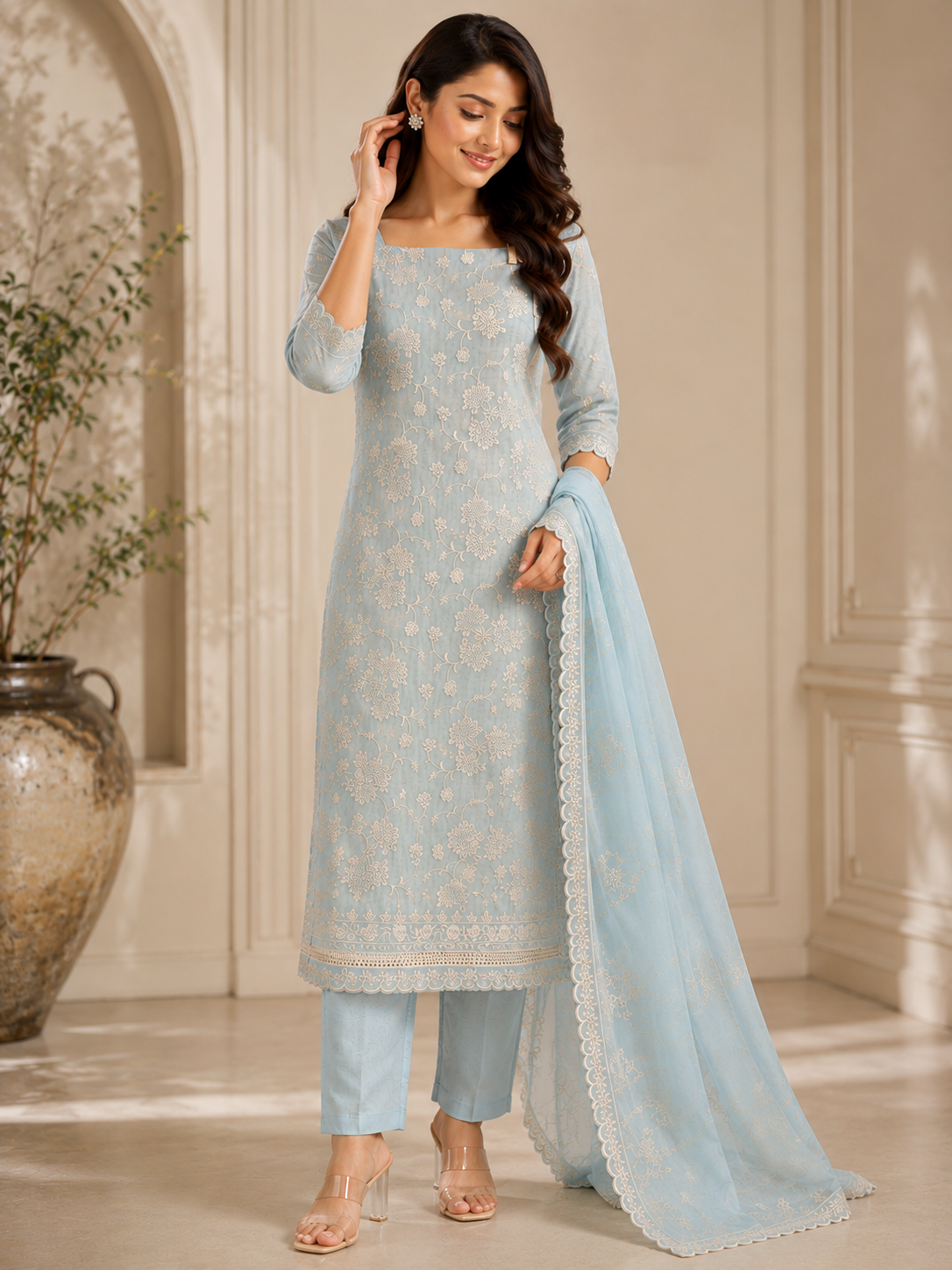 Aqua Floral Cotton Dress Material