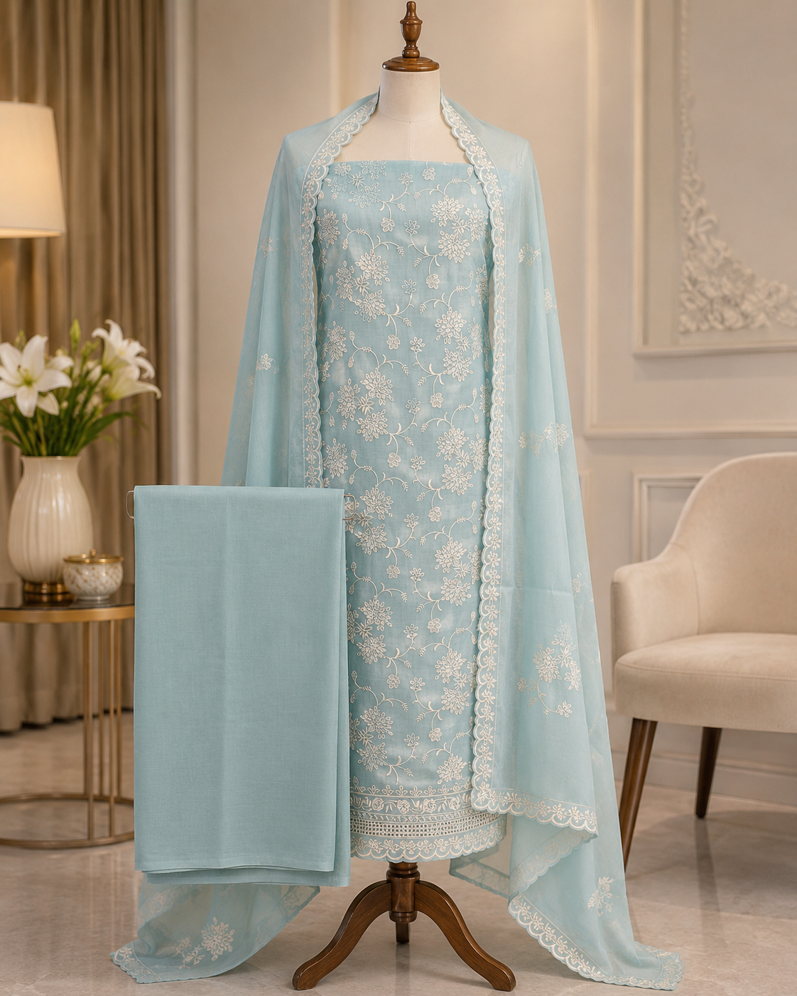 Aqua Floral Cotton Dress Material