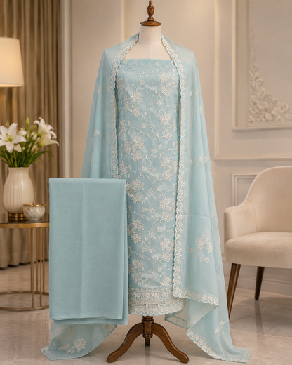 Aqua Floral Cotton Dress Material