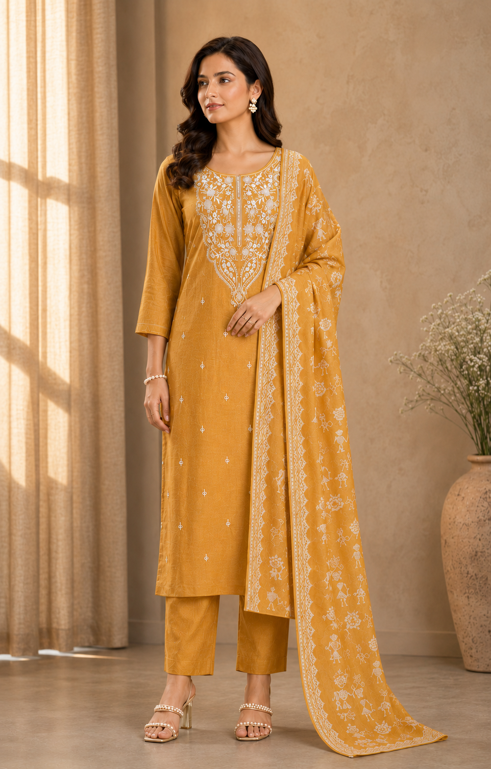 Mustard Cotton Dress Material with Worli Art Dupatta