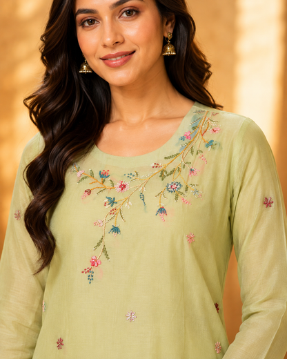 Pista Green Mul Chanderi Suit