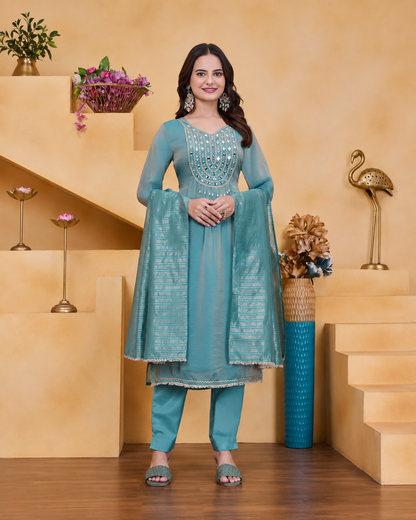 Aqua Blue Tissue Shimmer Suit