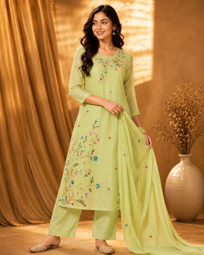 Pista Green Mul Chanderi Suit
