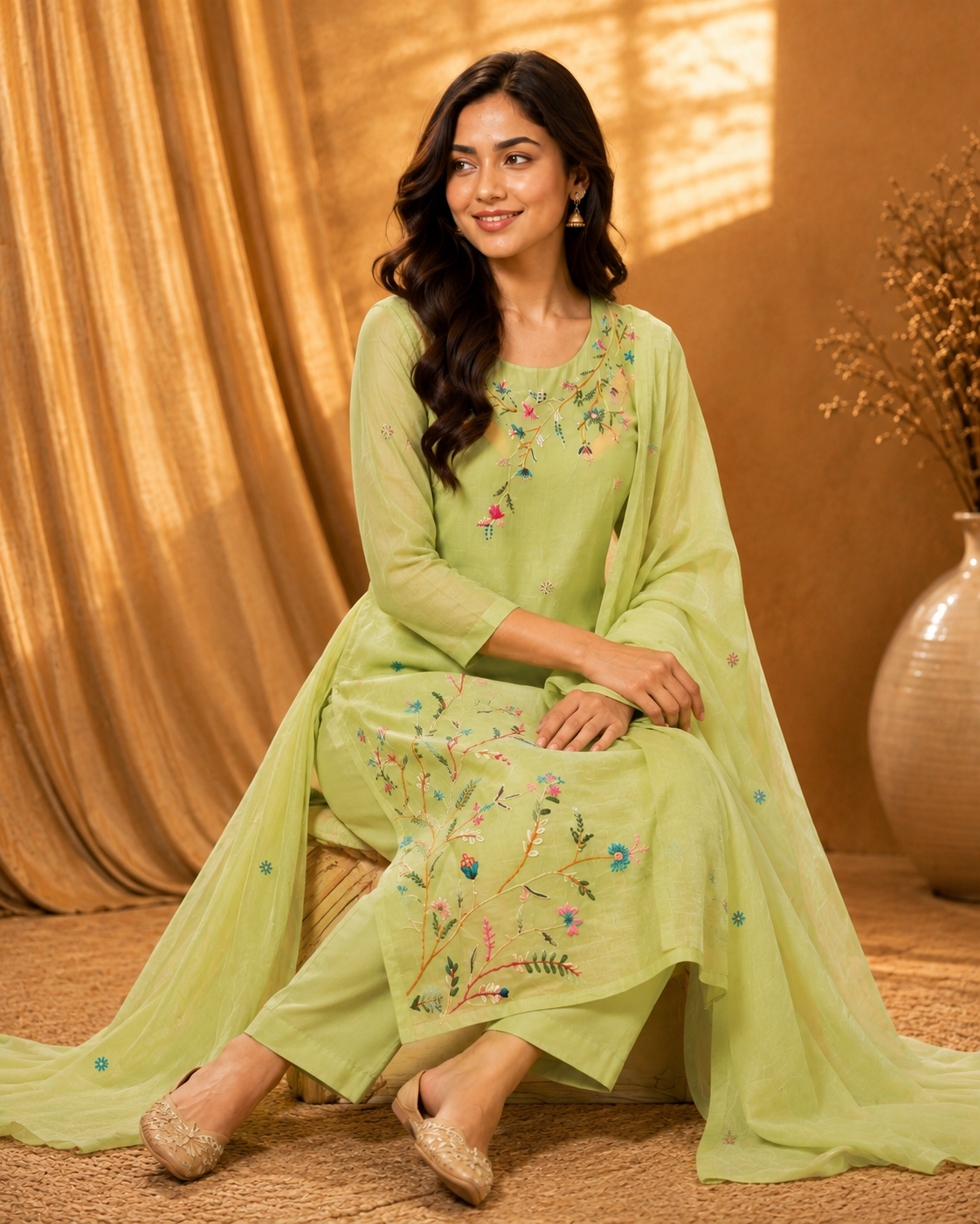 Pista Green Mul Chanderi Suit
