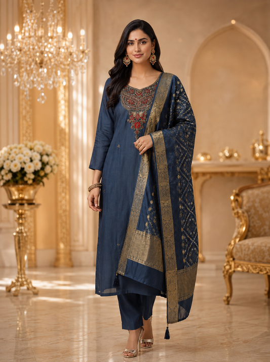 Steel Blue Dola Silk Suit