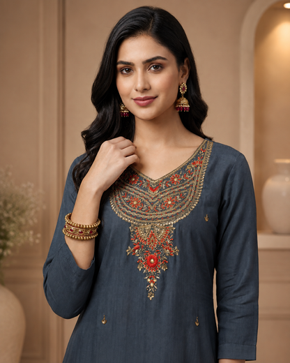 Steel Blue Dola Silk Suit