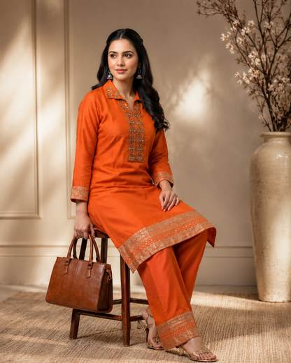 Orange Dola Silk Co-Ord Set