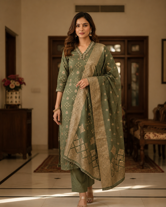 Mehendi Green Garhwal Silk Suit