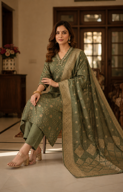 Mehendi Green Garhwal Silk Suit