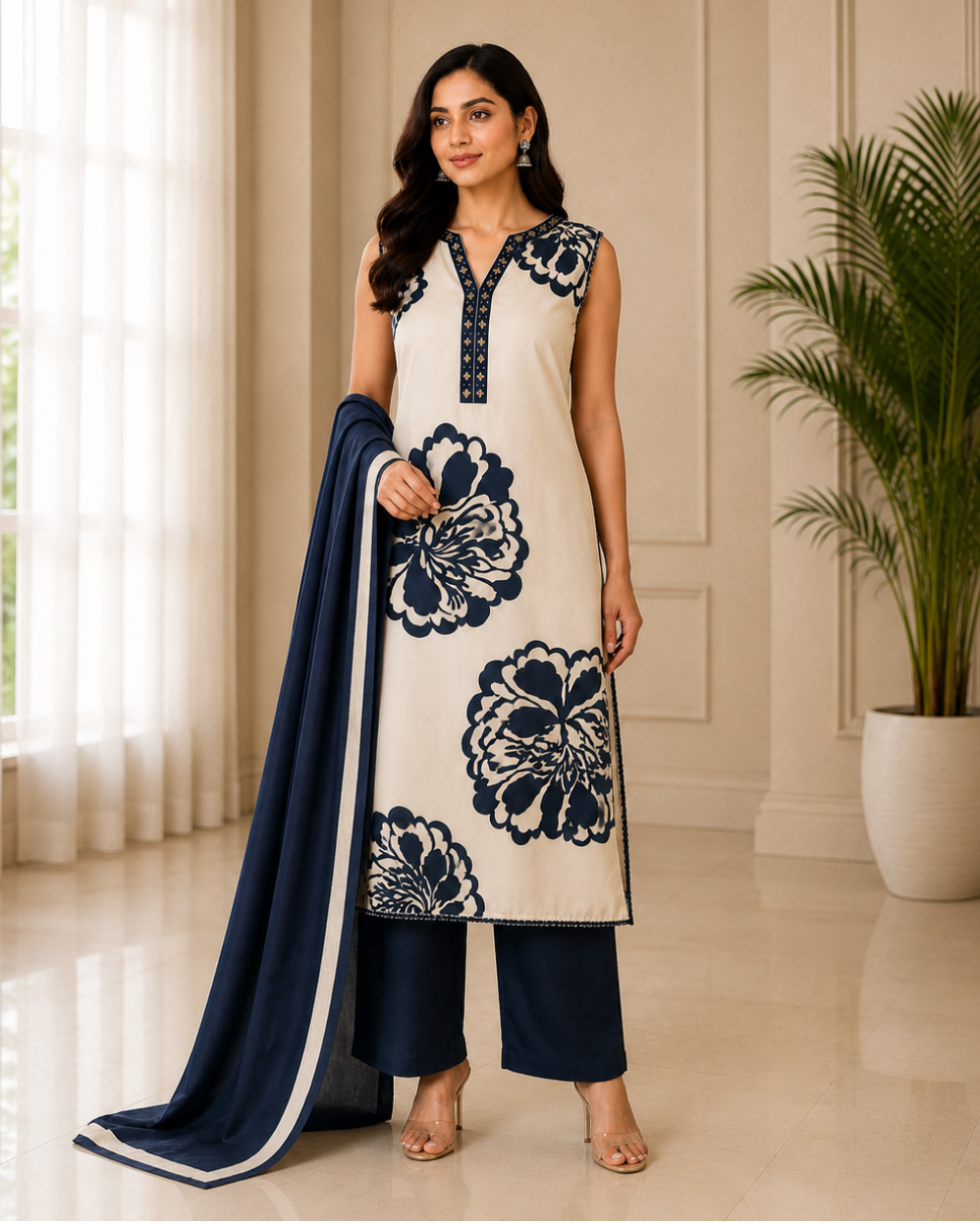Navy Blue and White Cotton Suit