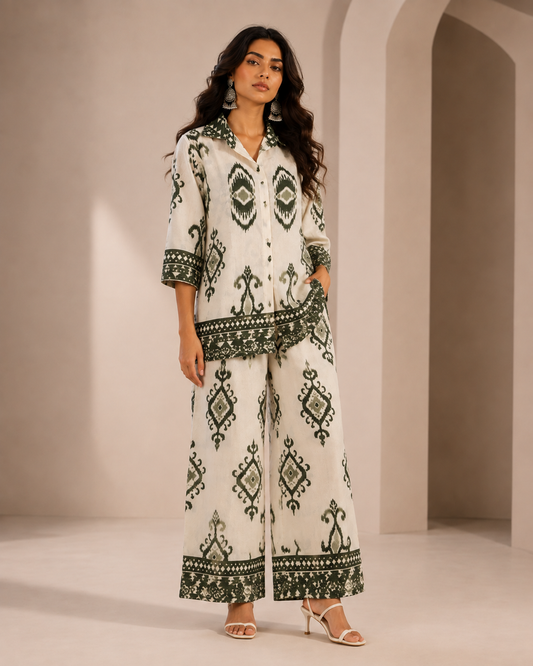Green Chanderi Cotton Ikat Print Co-ord Set
