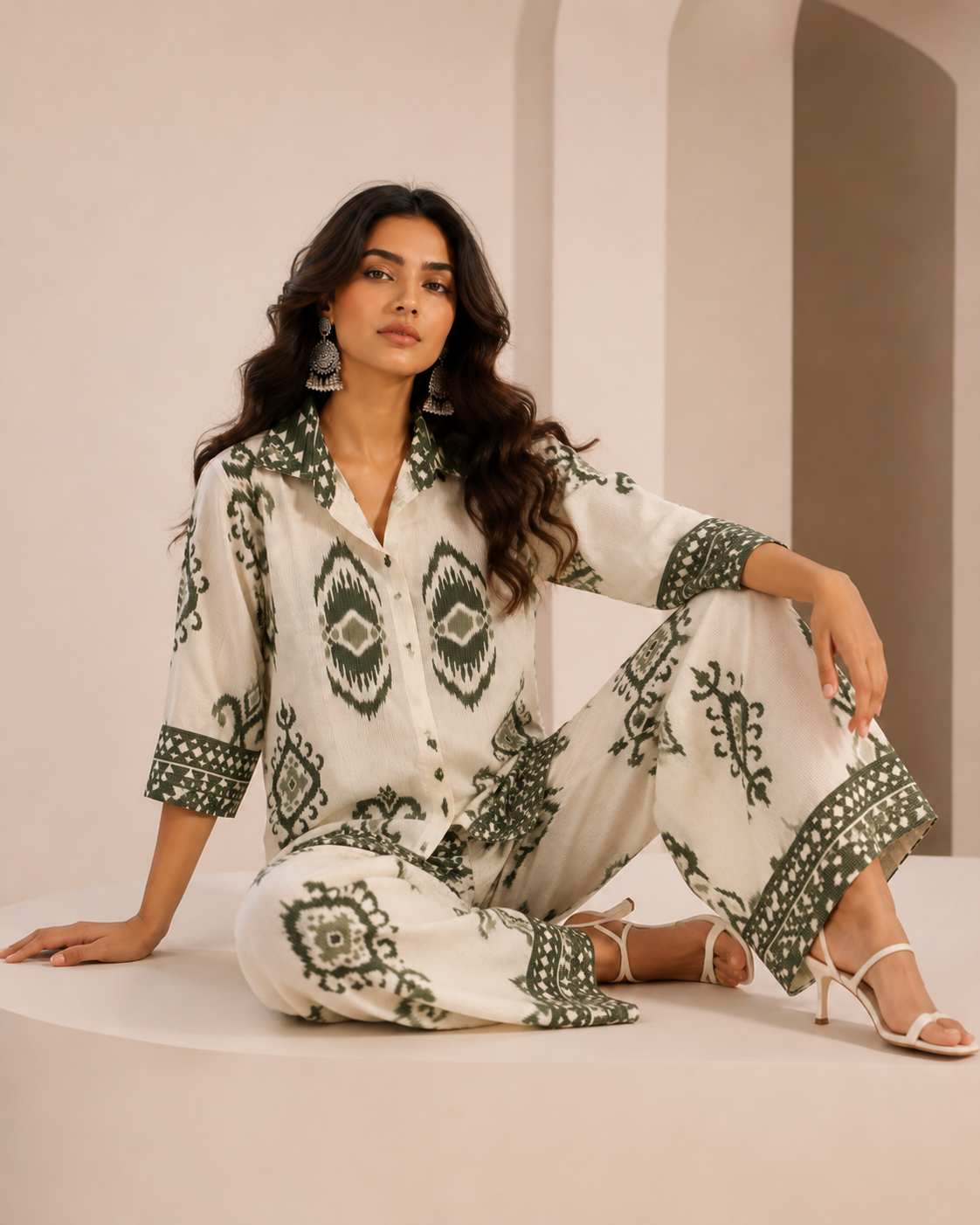 Green Chanderi Cotton Ikat Print Co-ord Set