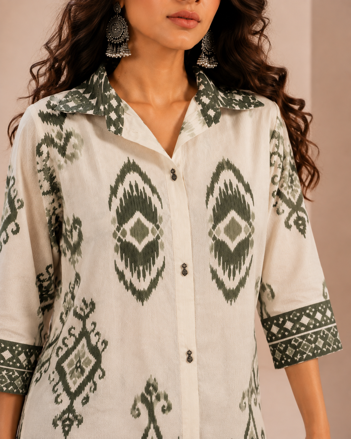 Green Chanderi Cotton Ikat Print Co-ord Set