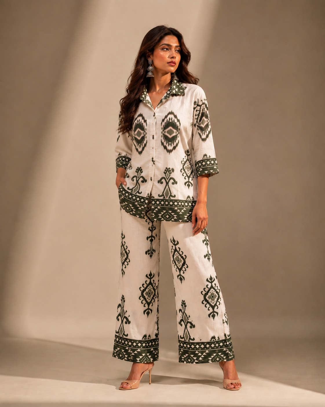 Green Chanderi Cotton Ikat Print Co-ord Set