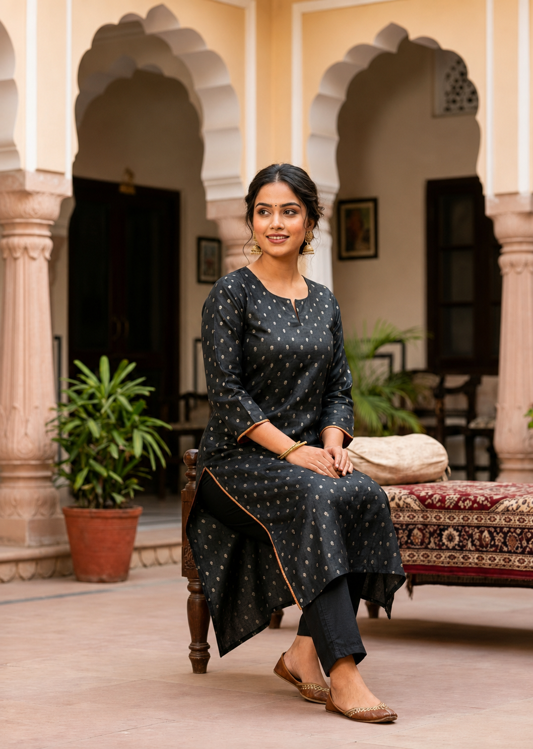 Black Semi-Stitched Tussar Silk Kurta