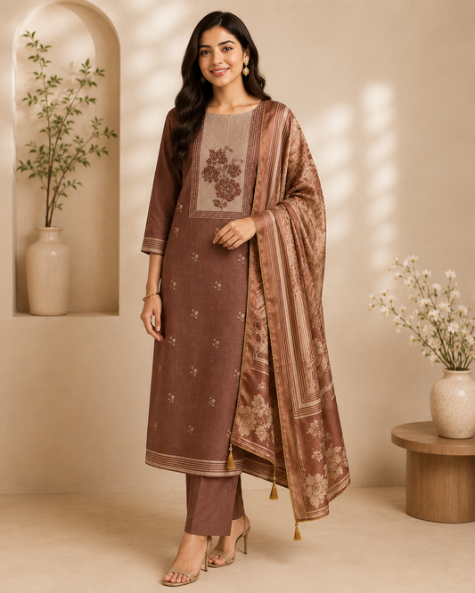 Brown Cotton Chanderi Dress Material