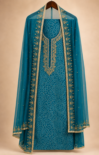 Blue Crepe Bandhani Dress Material