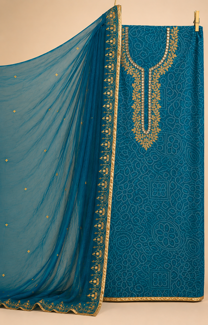 Blue Crepe Bandhani Dress Material