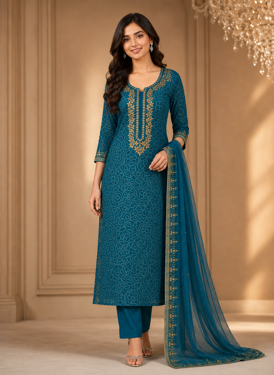 Blue Crepe Bandhani Dress Material