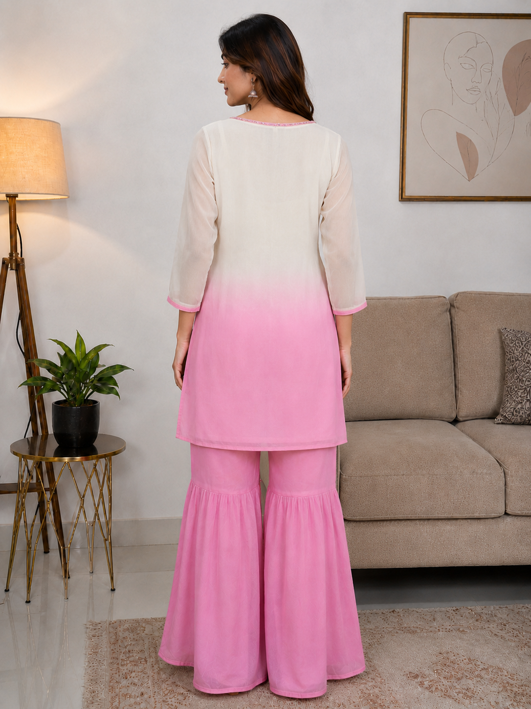 Pink and White Chinon Gharara Suit