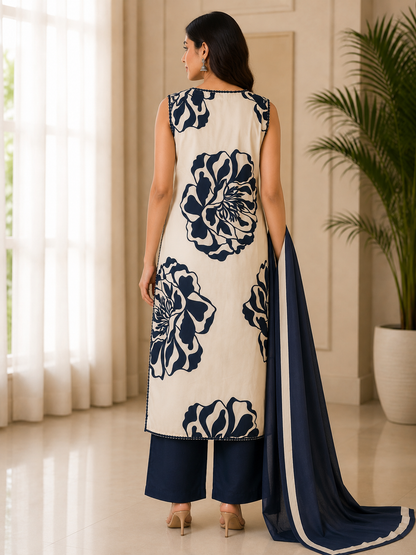 Navy Blue and White Cotton Suit