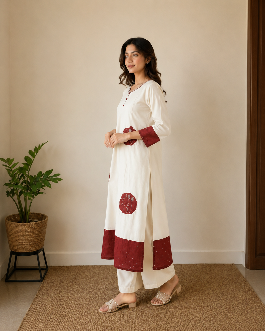 Ivory and Maroon Mul Chanderi Co-ord Set