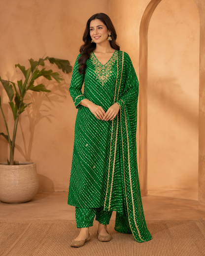 Gorgeous Green Georgette Lehariya Suit