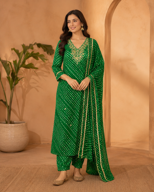 Gorgeous Green Georgette Lehariya Suit