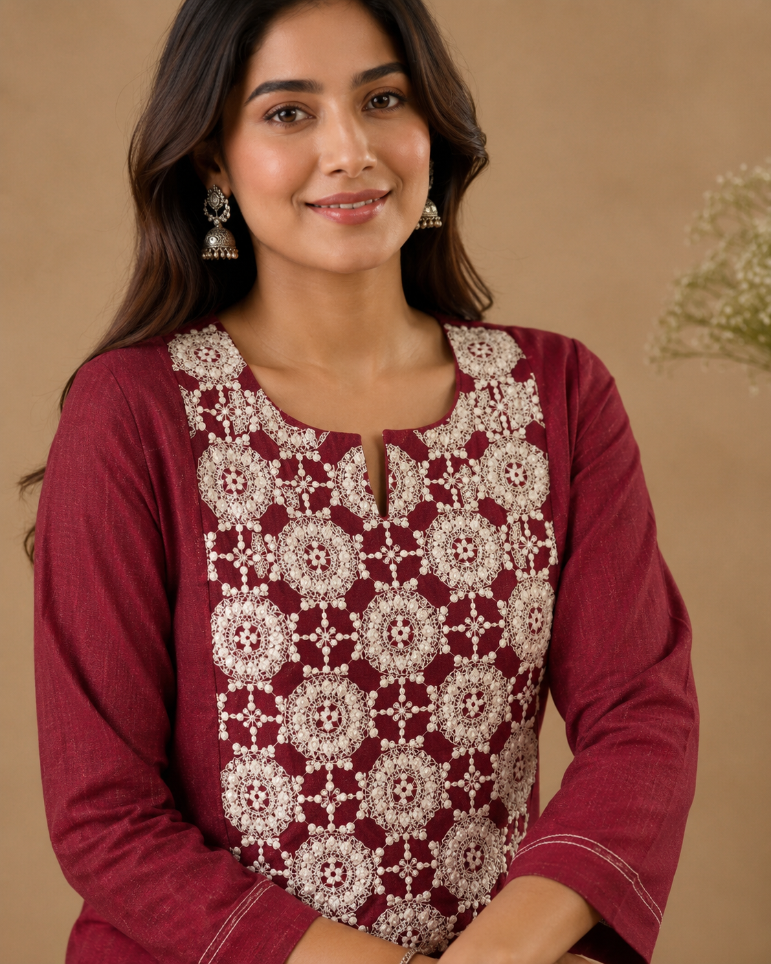 Maroon and White Pure Cotton Suit