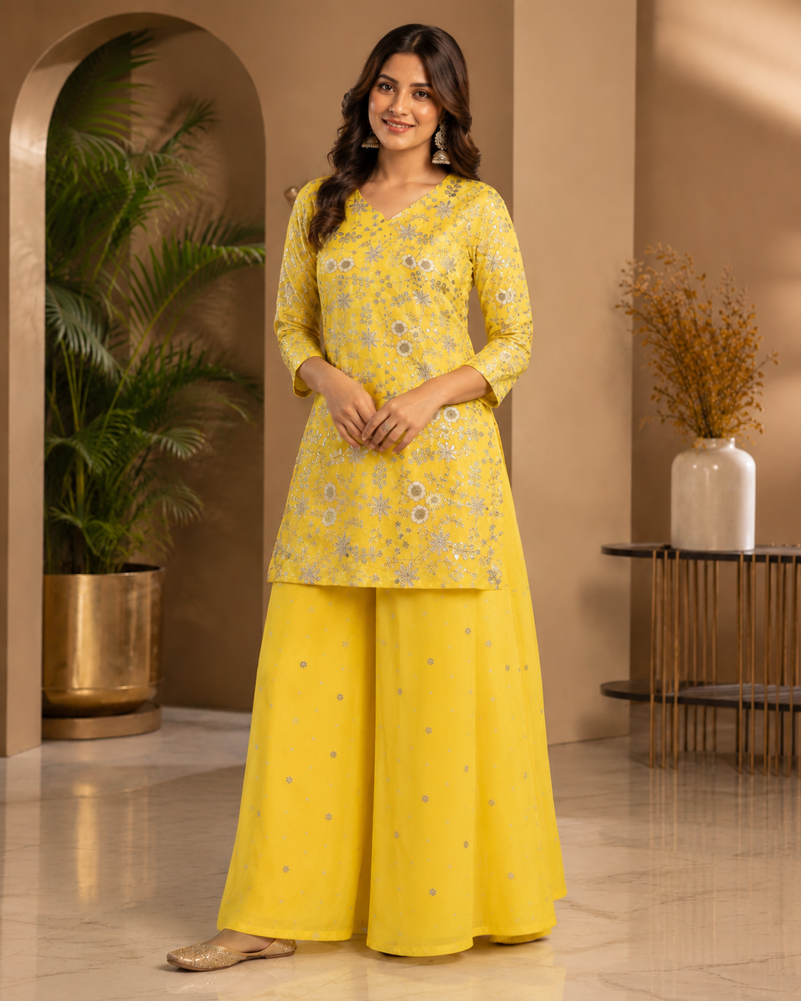 Sunshine Yellow Chinon Palazzo Suit