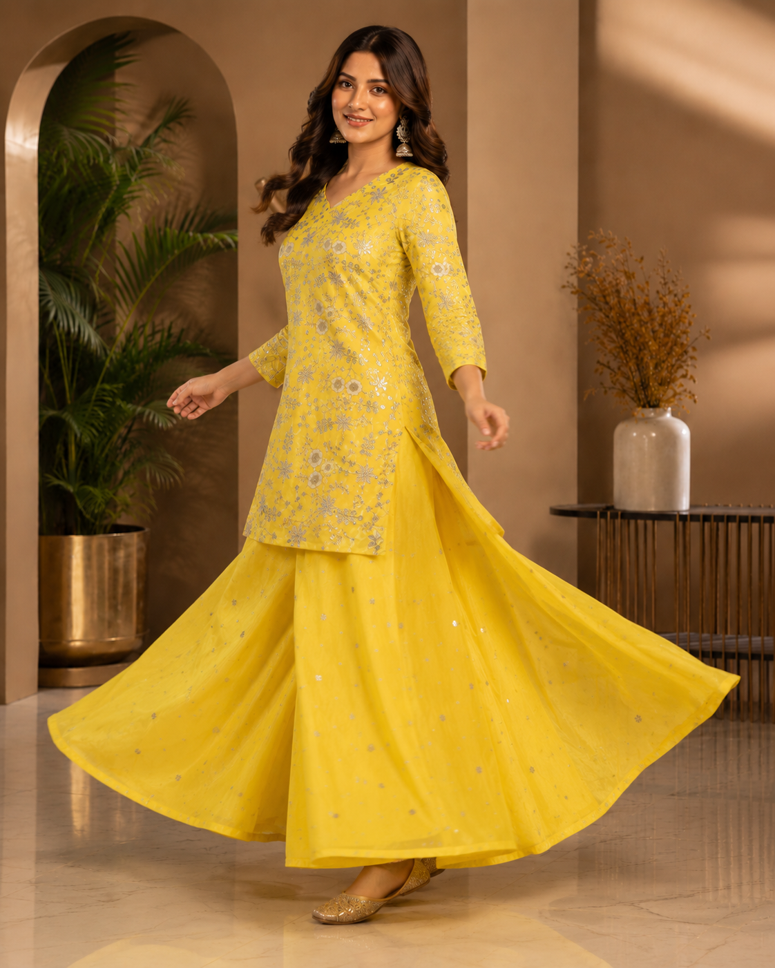 Sunshine Yellow Chinon Palazzo Suit