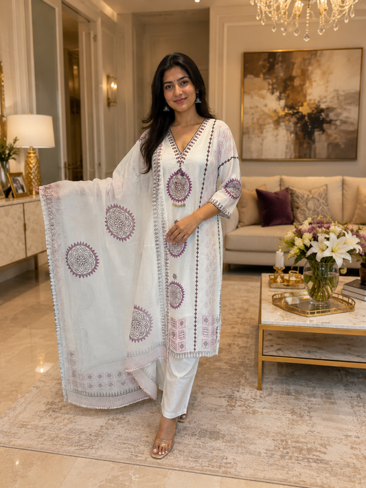 White and Lavender Mul Cotton Suit