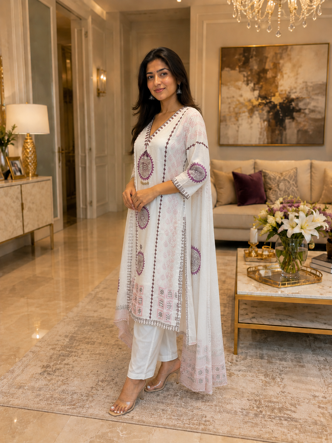 White and Lavender Mul Cotton Suit