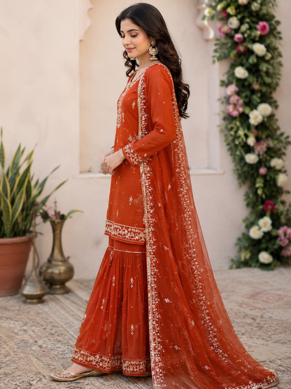 Brick Orange Georgette Sharara Suit