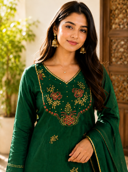 Graceful Green Mul Chanderi Suit