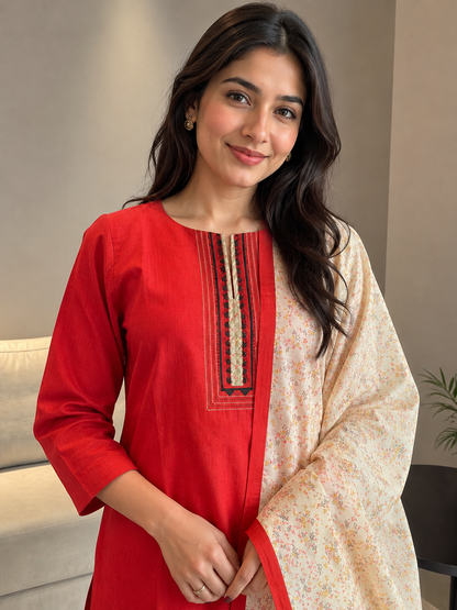 Coral Red Semi-Stitched Tussar Silk Suit
