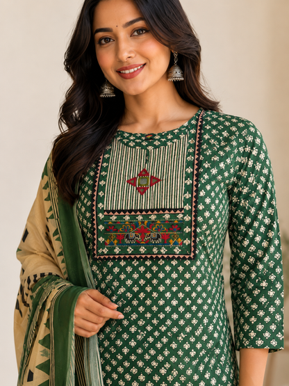 Graceful  Green Cotton Suit