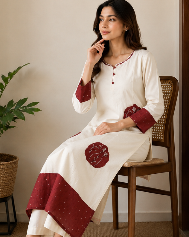 Ivory and Maroon Mul Chanderi Co-ord Set
