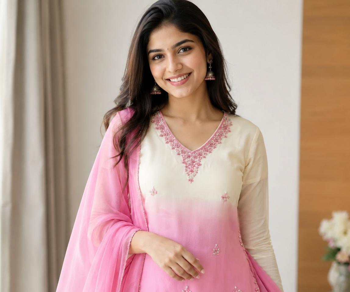 Pink and White Chinon Gharara Suit