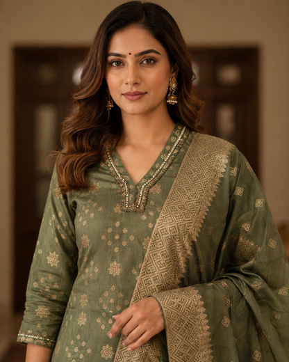 Mehendi Green Garhwal Silk Suit