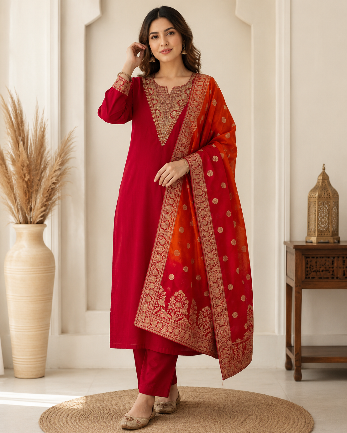 Red Radiance-Slim Fit Roman Silk Suit