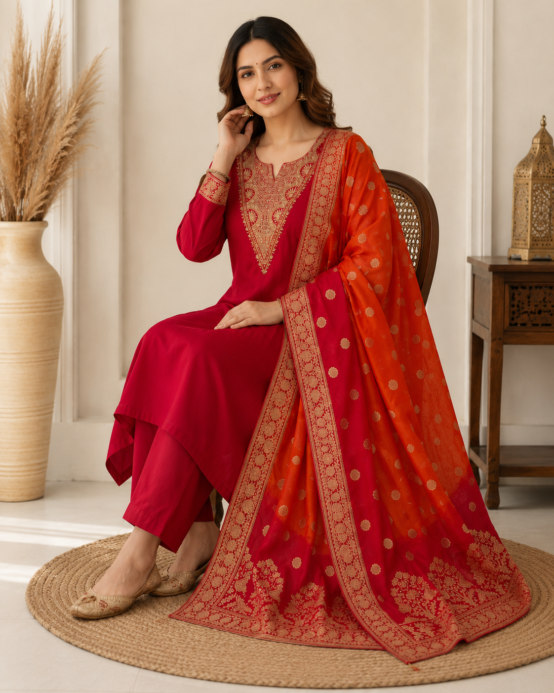 Red Radiance-Slim Fit Roman Silk Suit