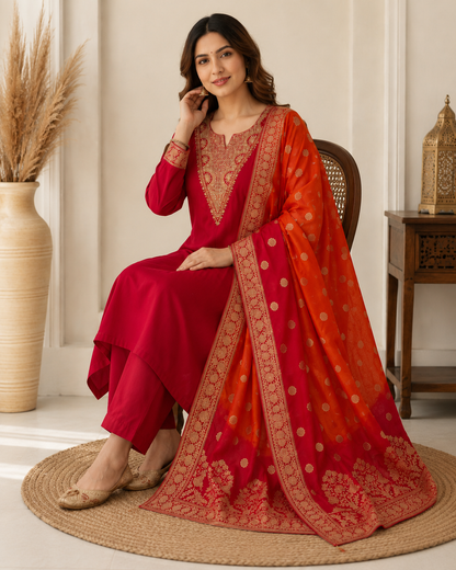 Red Radiance-Slim Fit Roman Silk Suit