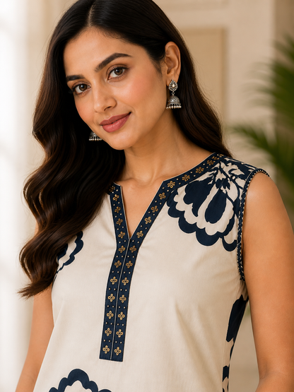 Navy Blue and White Cotton Suit