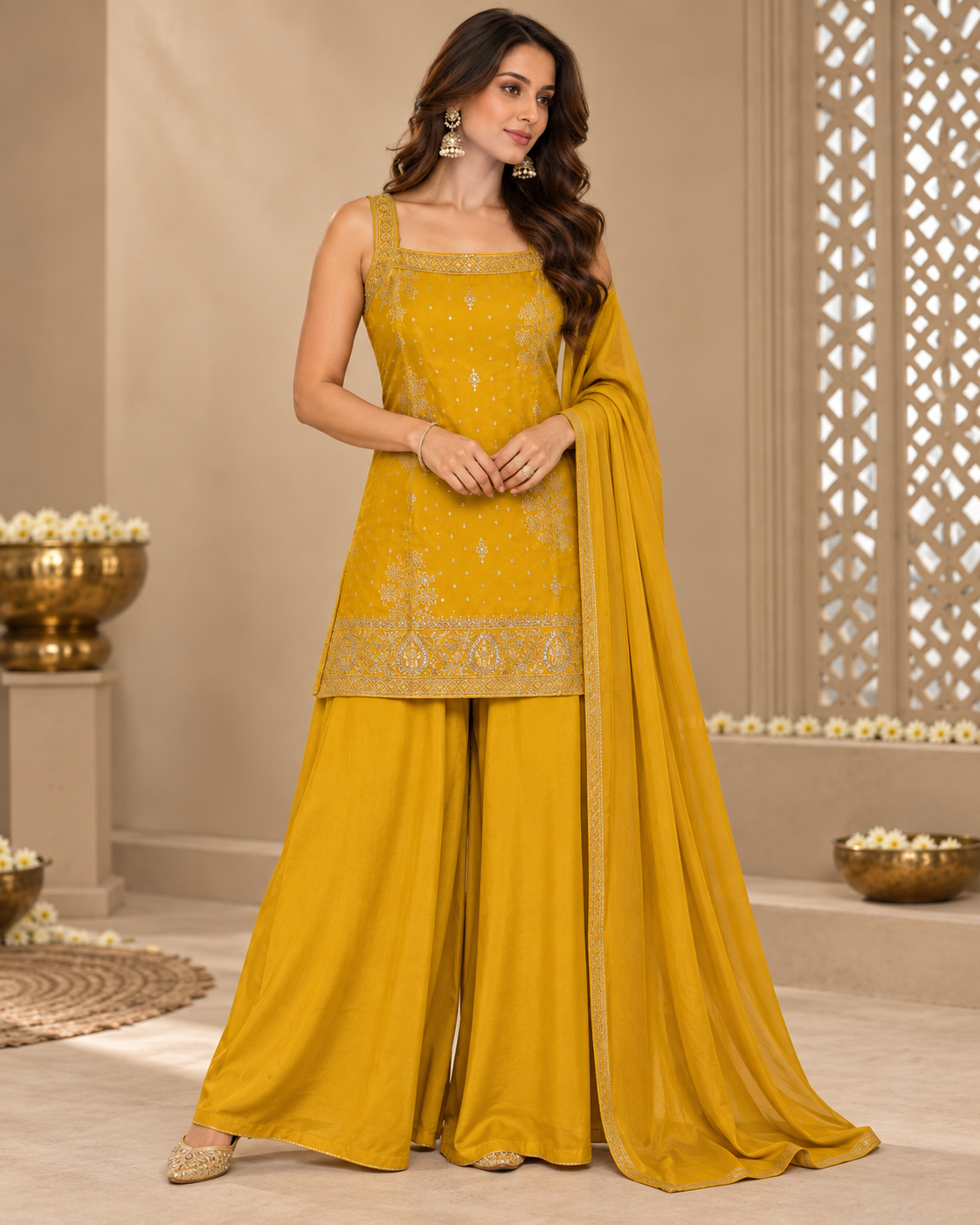 Yellow Jacquard Silk Sharara Suit