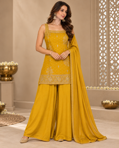 Yellow Jacquard Silk Sharara Suit