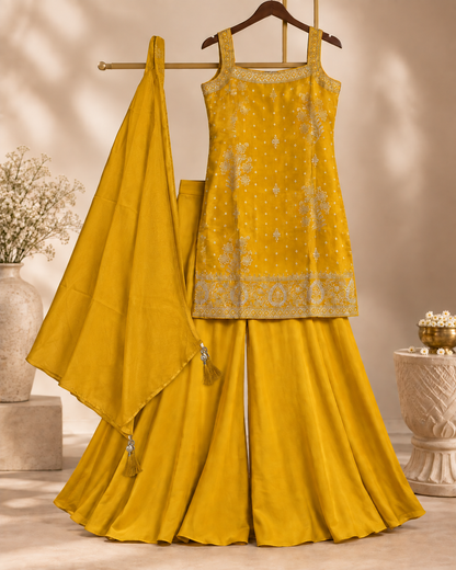 Yellow Jacquard Silk Sharara Suit
