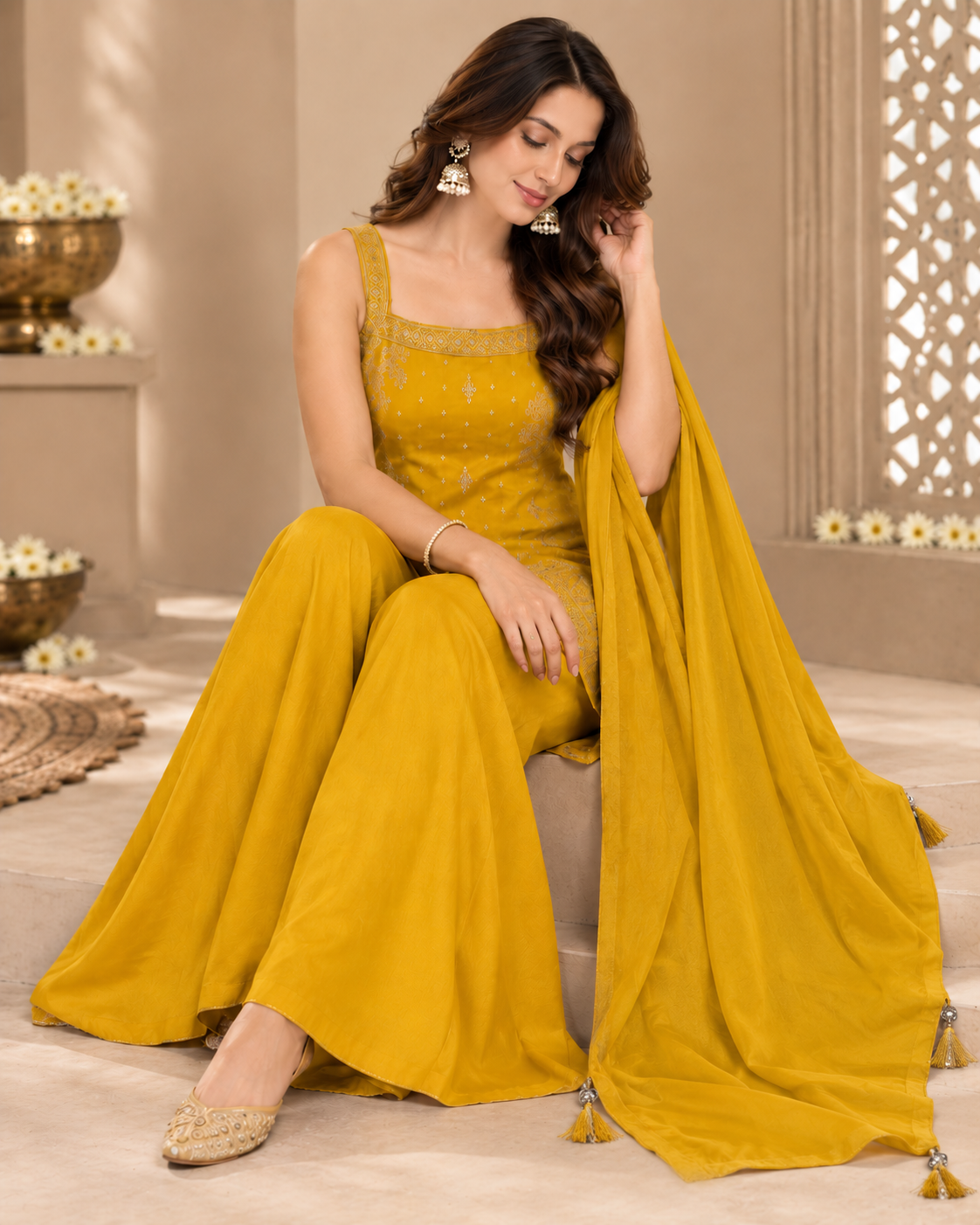 Yellow Jacquard Silk Sharara Suit