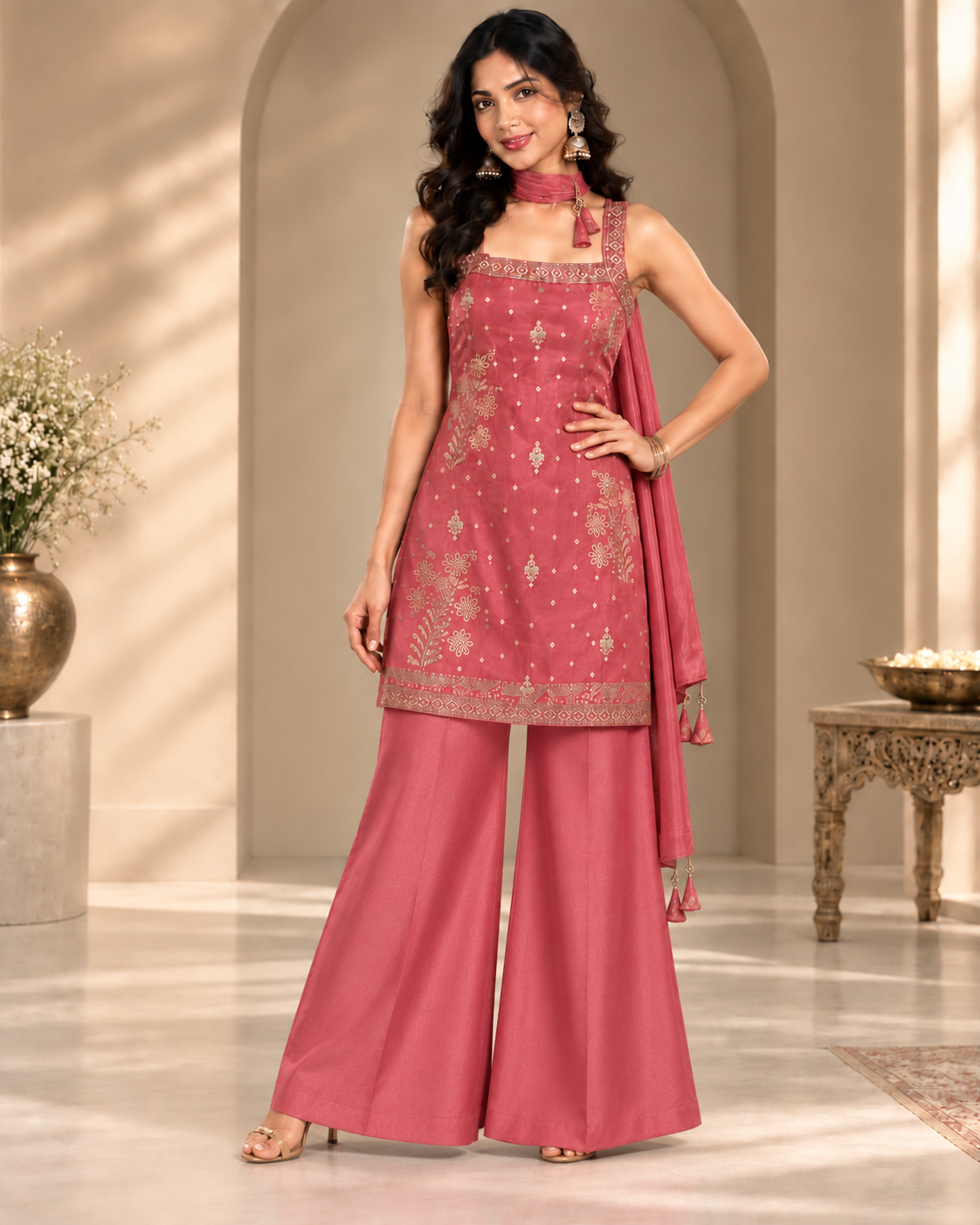 Pink Jacquard Silk Sharara Suit