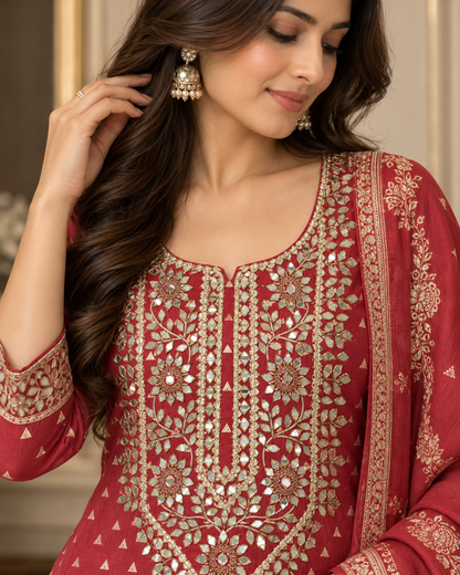 Deep Rose Maroon Mul Chanderi  Dress Material